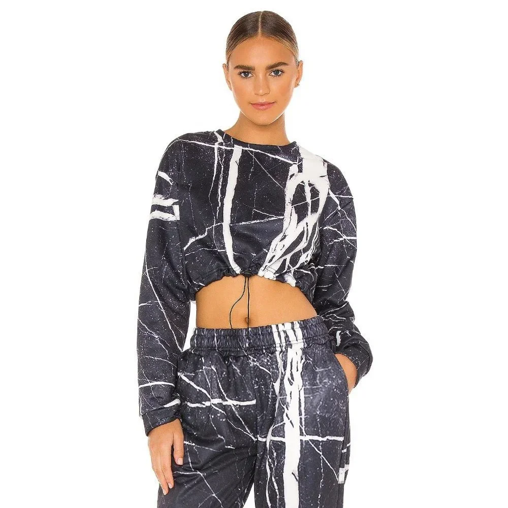 NWT‎ Nubyen Cropped Sweatshirt Long Sleeve Crop Top Pull-cord Hem Black S